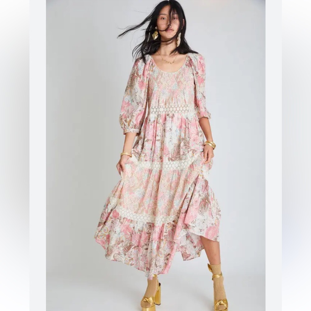 LoveShackFancy Pink Floral Tiered Maxi Dress